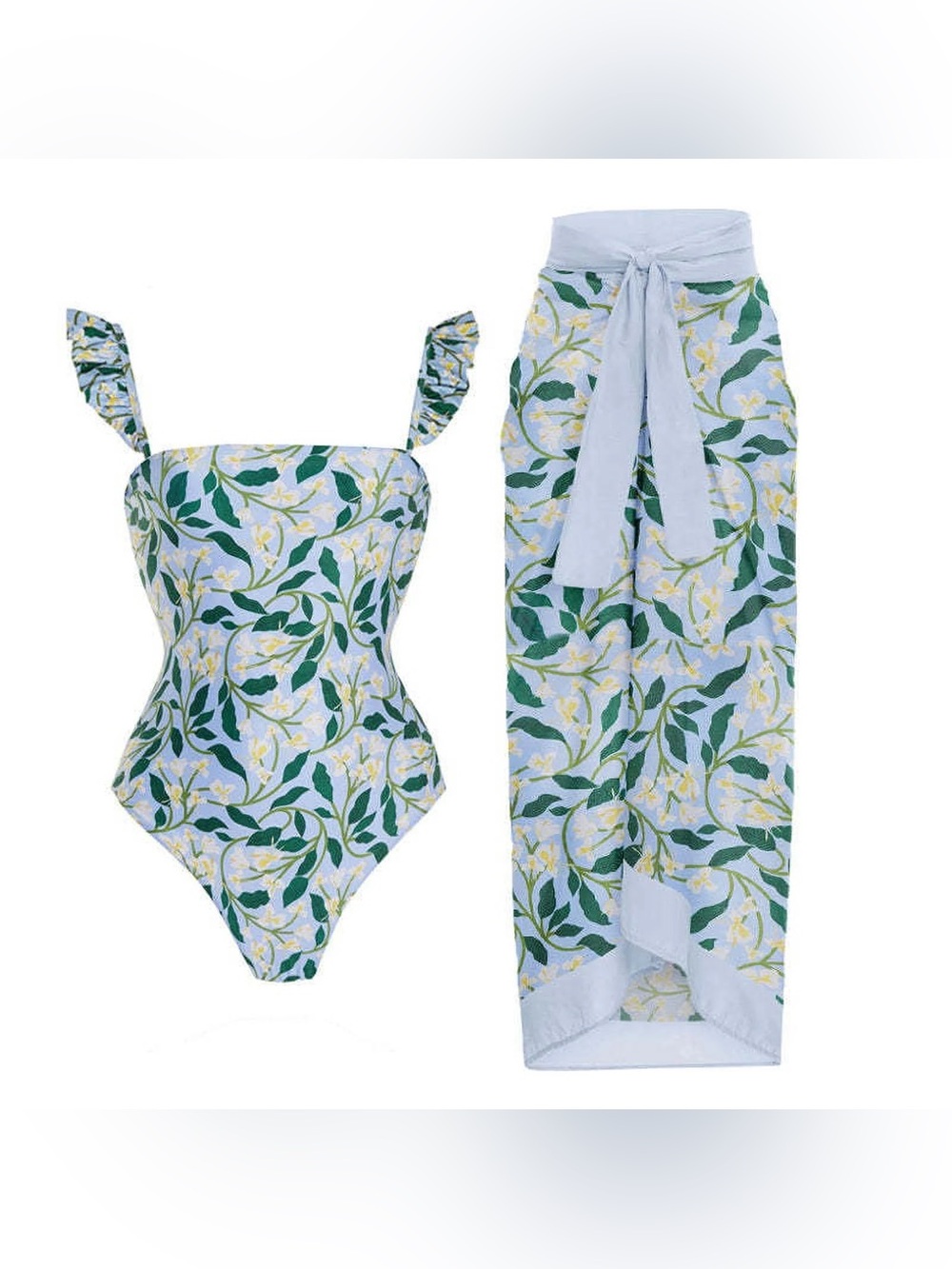 Light Blue Floral One-Piece Swimsuit with Matching Sarong